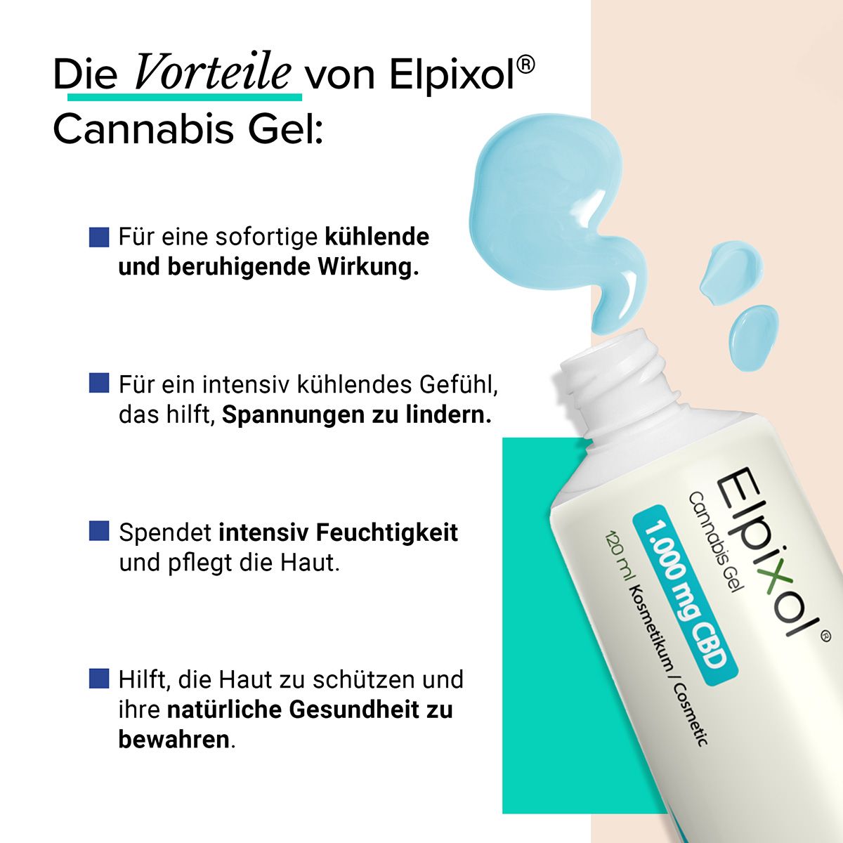 Tube mit "Elpixol Cannabis Gel 1.000 mg CBD". Blaue Flüssigkeit tropft aus der Tube. Text: Vorteile von Elpixol Cannabis Gel.