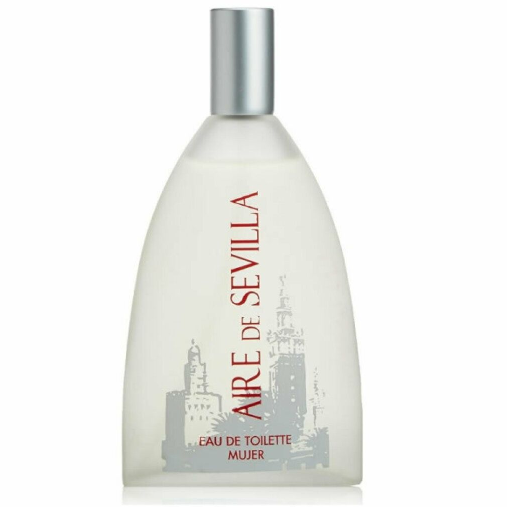 Parfümflasche mit silbernem Verschluss und weißem Inhalt. Rote Schrift auf der Flasche. Graue Illustration eines Stadtbildes.