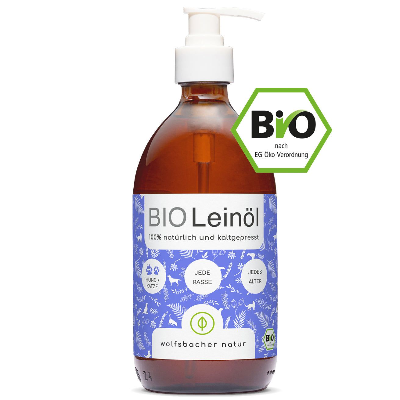 Braune Flasche mit Pumpe. Aufschrift: BIO Leinöl. Bio-Siegel. Für Hunde und Katzen.