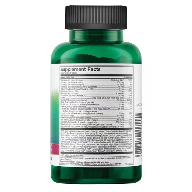 Rückseite der grünen Flasche. Enthält Nährwertangaben und Inhaltsstoffe. Text in Englisch.