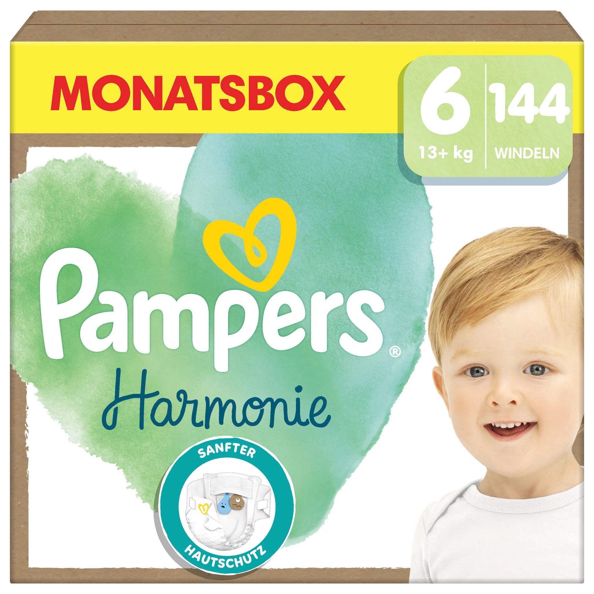 Pampers Harmonie Windelbox, Größe 6, 144 Stück, 13+ kg. Monatspackung mit Babyabbildung.
