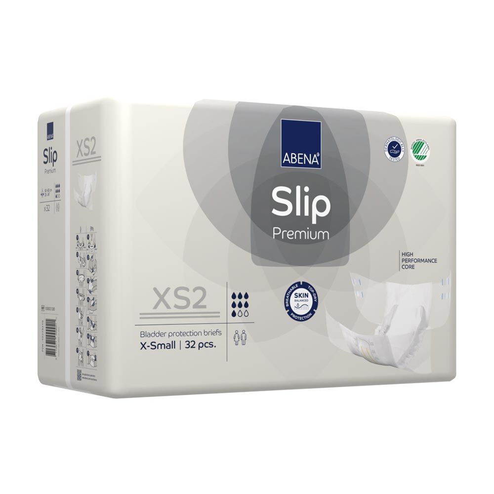 Abena Slip Premium XS2. Verpackung mit weißen Inkontinenz-Slips. Produktname, Logo und Zertifizierungen.