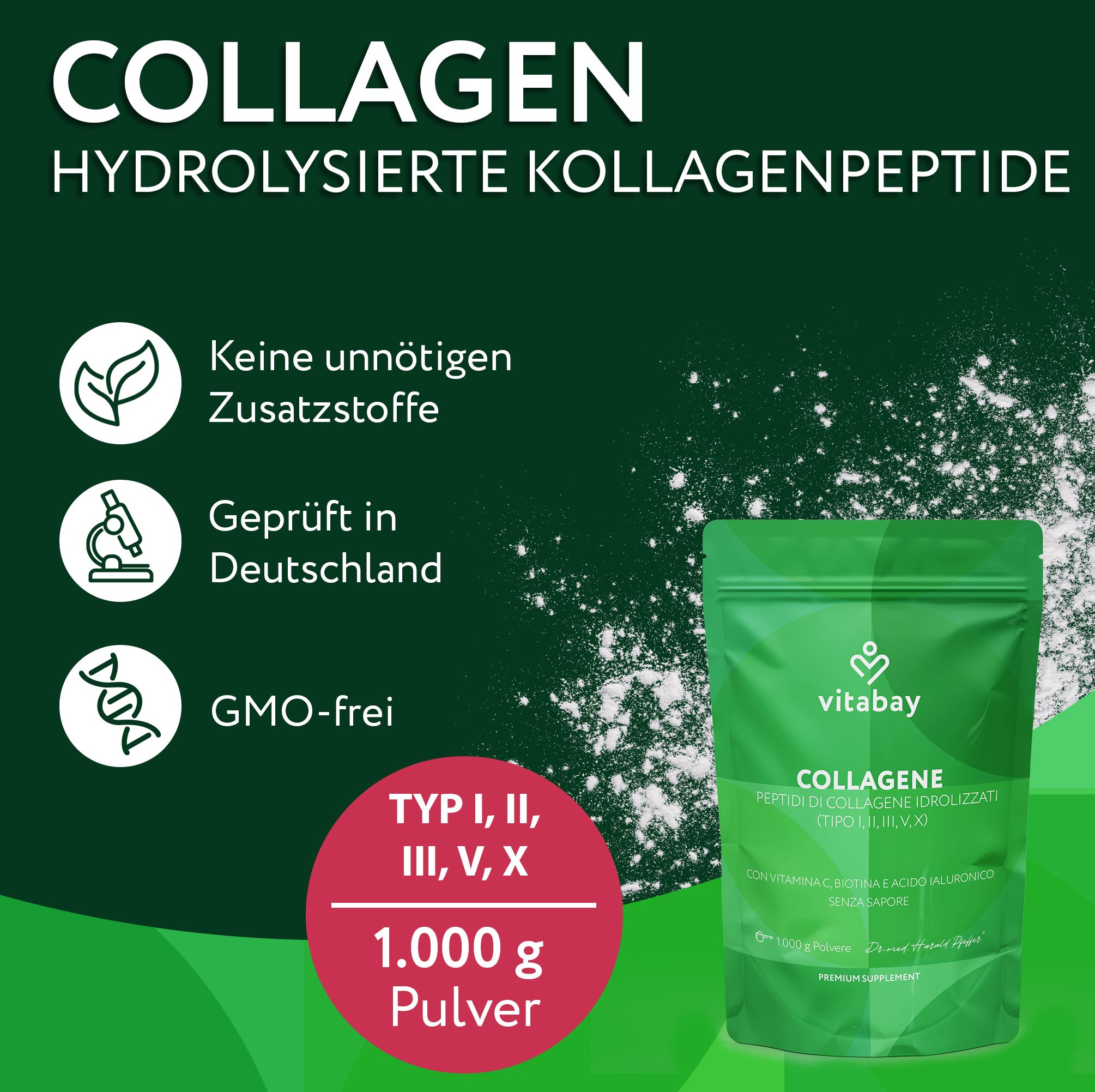Vitabay Collagen Pulver: 1.000 g, Typ I, II, III, V, X. Geprüft in Deutschland, GMO-frei.