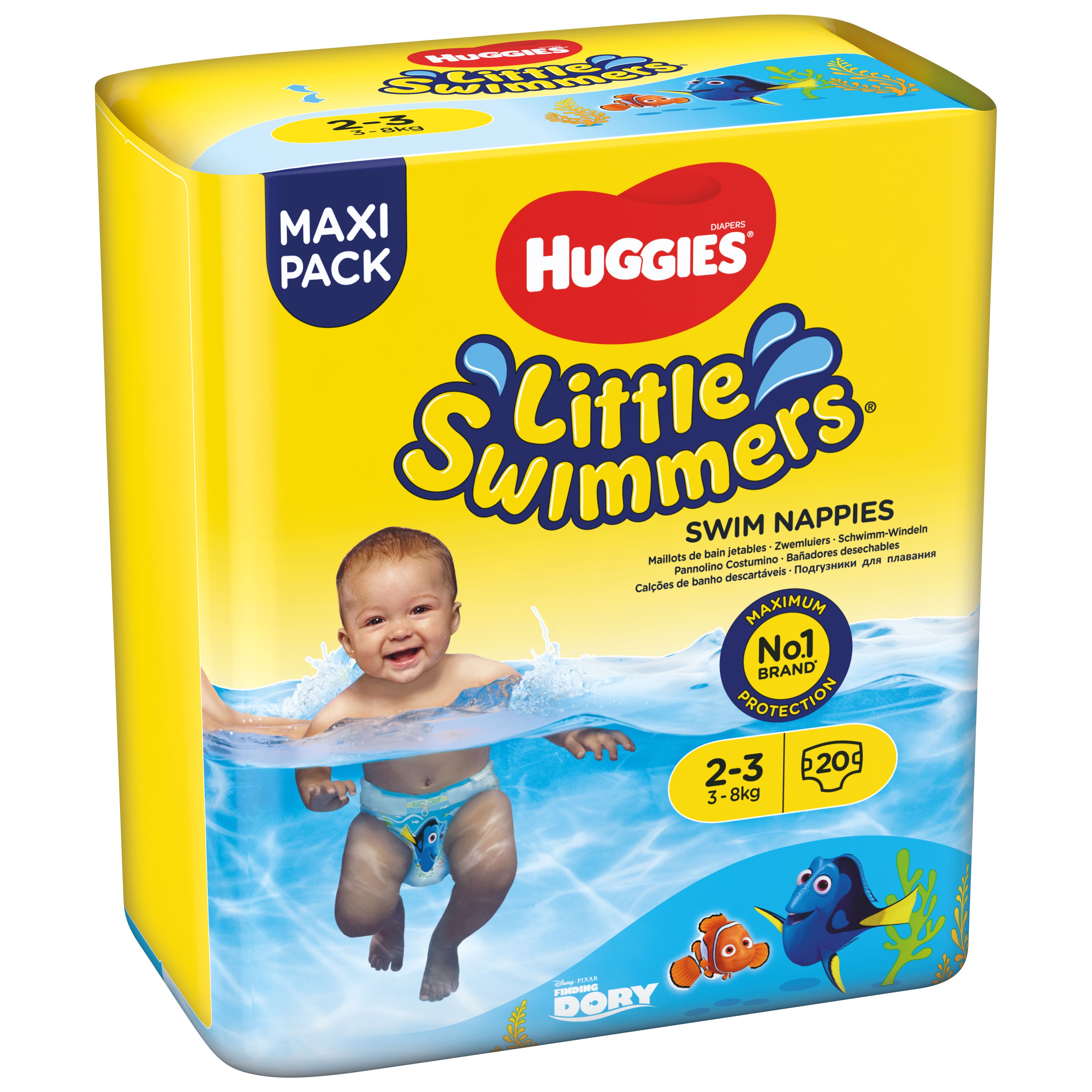 Gelbe Verpackung Huggies Little Swimmers. Baby im Wasser. Größe 2-3, 3-8kg. Mit Dory-Motiv.