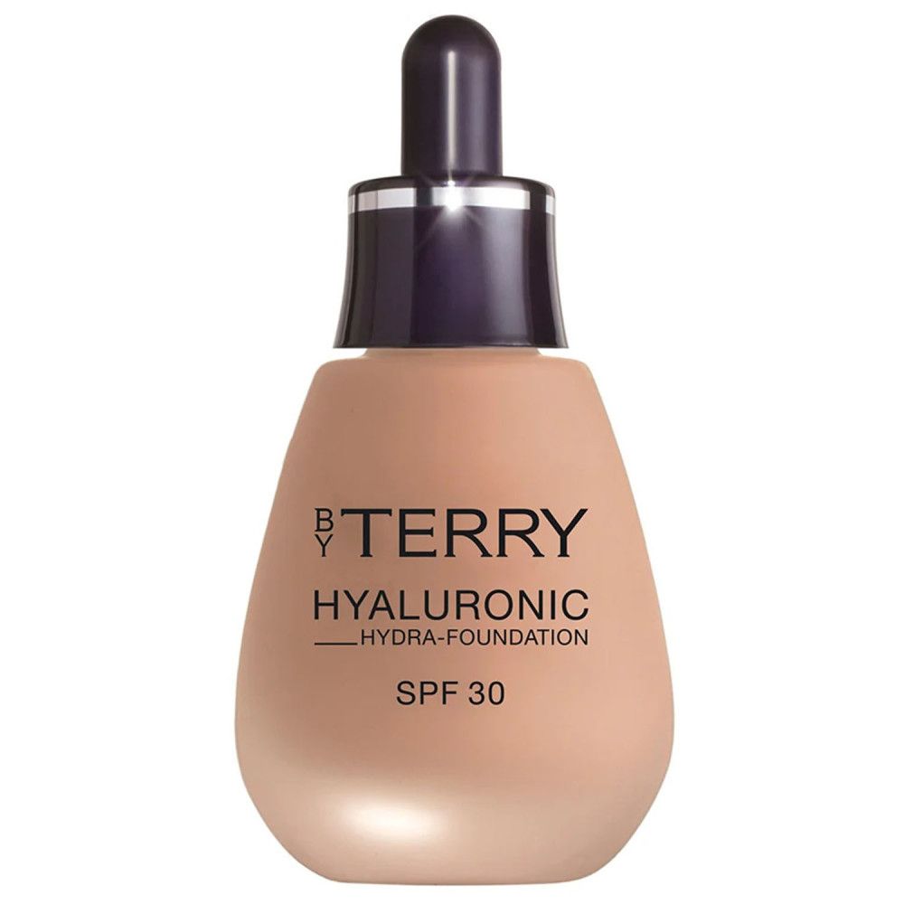 Foundation-Flakon mit Pipette. Aufschrift: BY TERRY HYALURONIC HYDRA-FOUNDATION SPF 30. Beige Farbton.