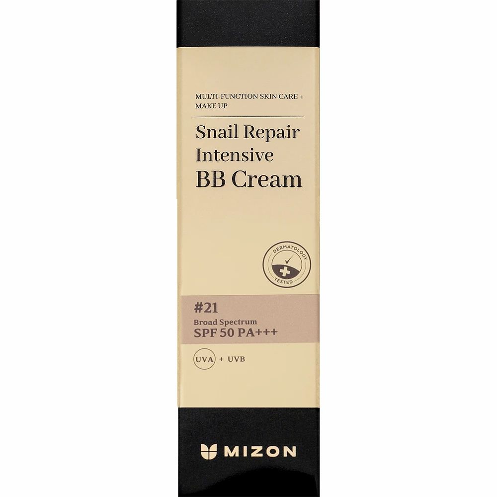 MIZON Snail Repair Intensive BB Cream LSF 50 PA+++, Farbton #21, goldene Tube mit schwarzem Deckel.