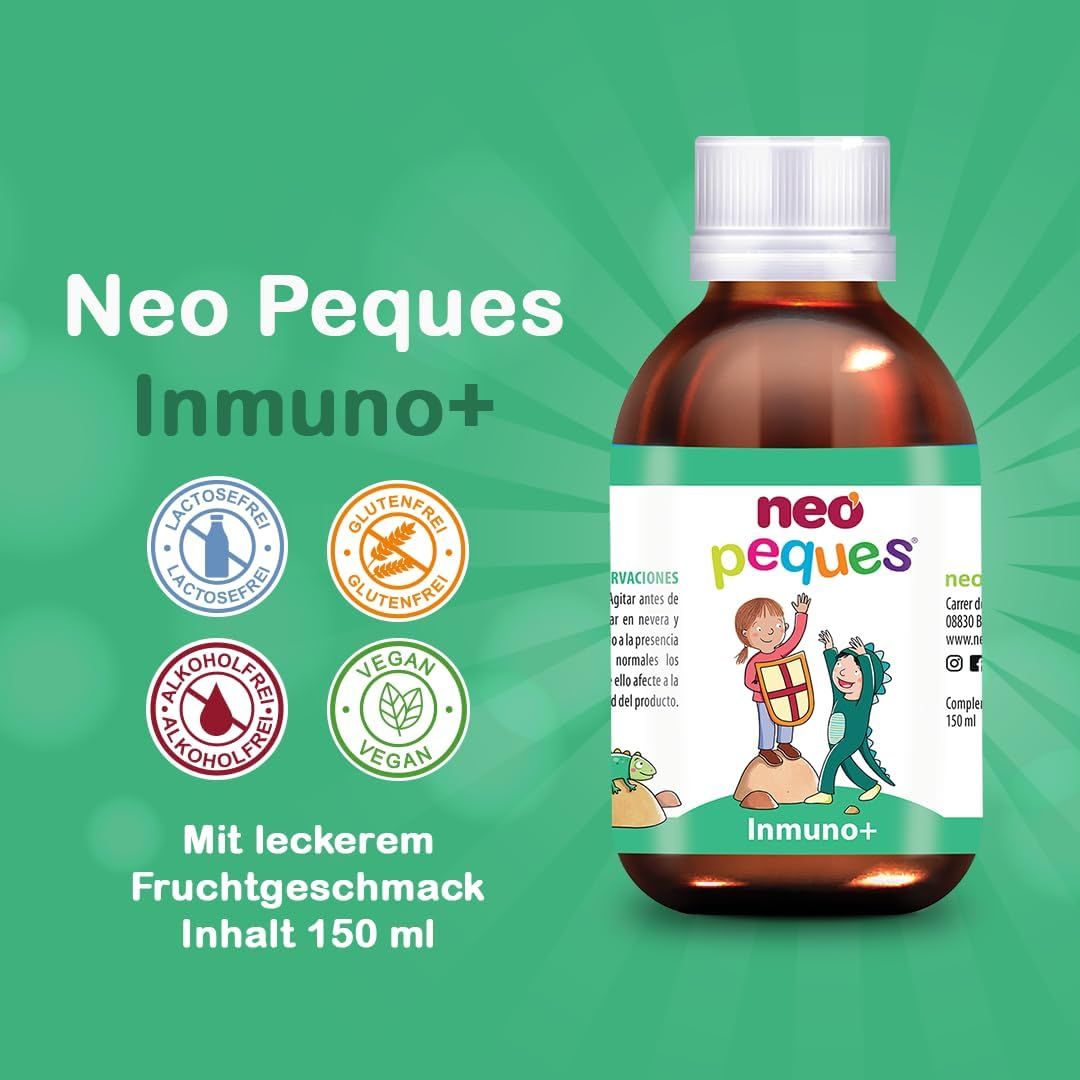 Neo Peques Inmuno+ Sirup-Flasche mit Logos: laktosefrei, glutenfrei, alkoholfrei, vegan. Mit leckerem Fruchtgeschmack, 150 ml.