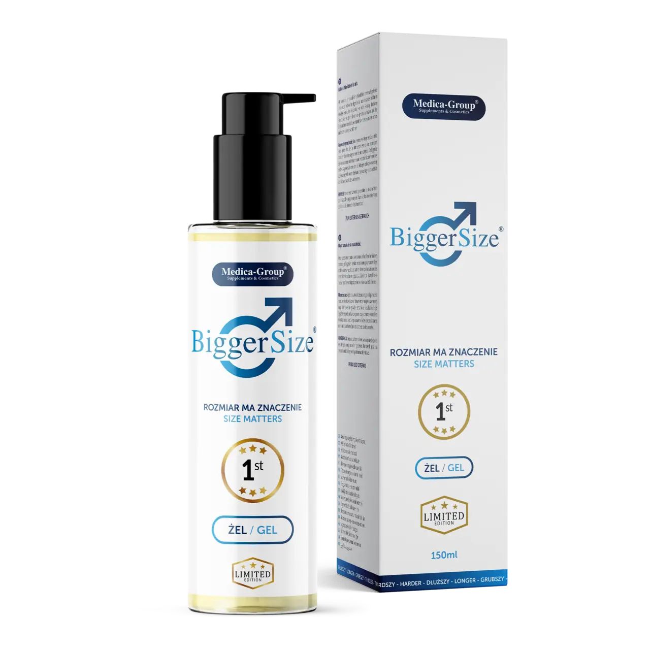 Gel-Flasche und Verpackung. Flasche mit schwarzem Pumpkopf. Aufschrift: BiggerSize, Größe Matters, 1st, ZEL/GEL, Limited Edition. Logo: Männliches Symbol.