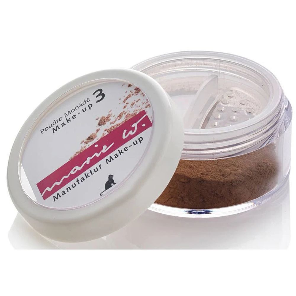 Marie W. Poudre Monade Make-up, Farbton 3, in einem transparenten Behälter mit weißem Deckel.