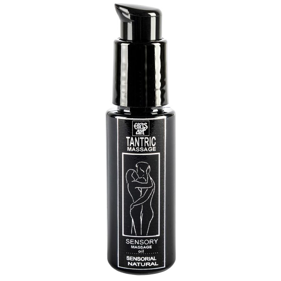 Tantra Massageöl in schwarzer Flasche mit Pumpspender. Etikett zeigt ein Paar und grüne Blätter.