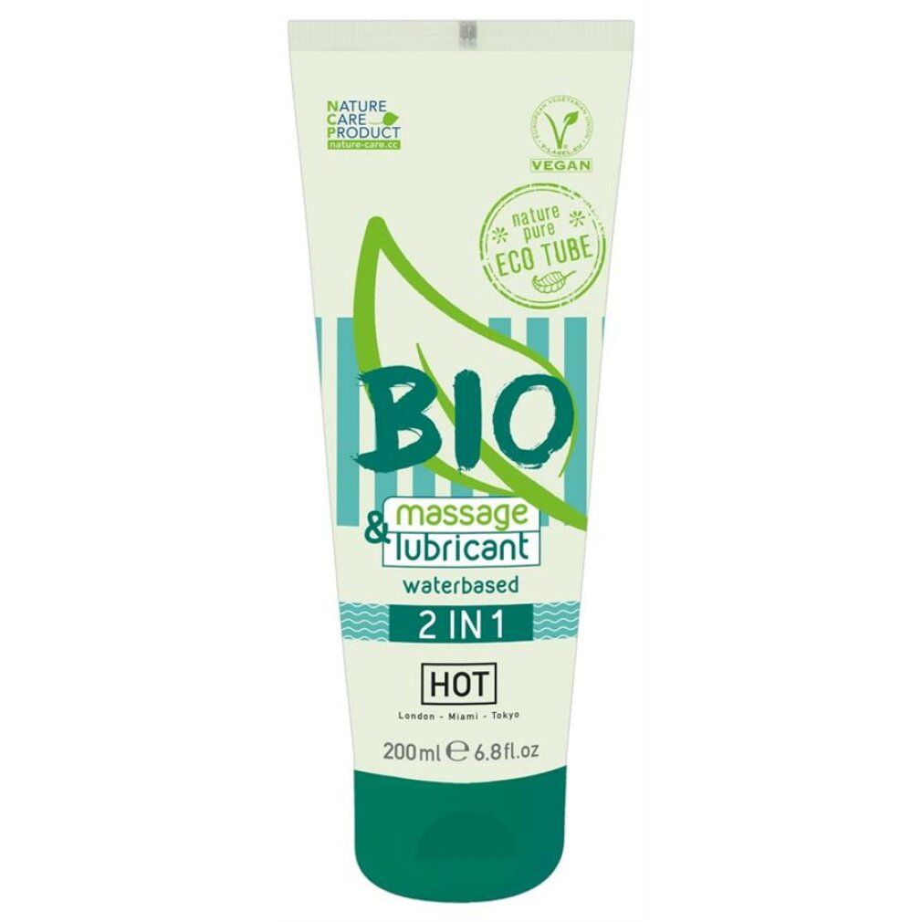 Tube BIO Massage & Lubricant 2IN1. Grün-weißes Design, vegan, 200ml. Aufschrift: HOT.