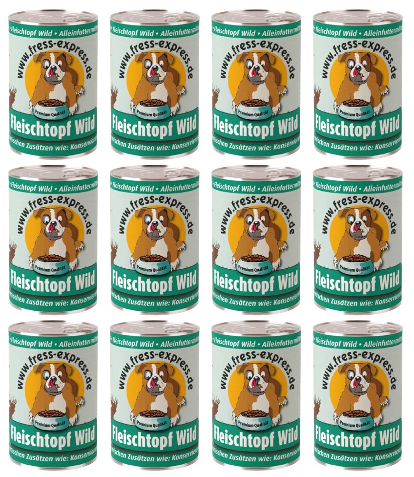 Mehrere Dosen Fress-express Fleischtopf Wild. Aufschrift: Fleischtopf Wild, Alleinfuttermittel, Premium Qualität, ohne Zusätze wie Konservierungsmittel.
