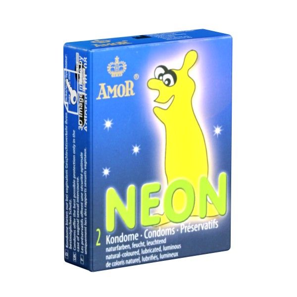 Blau-gelbe Schachtel mit "AMOR NEON" Schriftzug. Enthält 2 Kondome. Text: naturfarben, feucht, leuchtend. Abgebildet ist eine gelbe Figur.