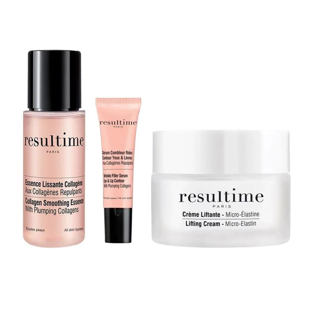 Drei Resultime-Produkte: Flasche, Tube und Creme-Tiegel. Text: "Micro-Elastine". Alle Produkte in Rosa und Weiß.