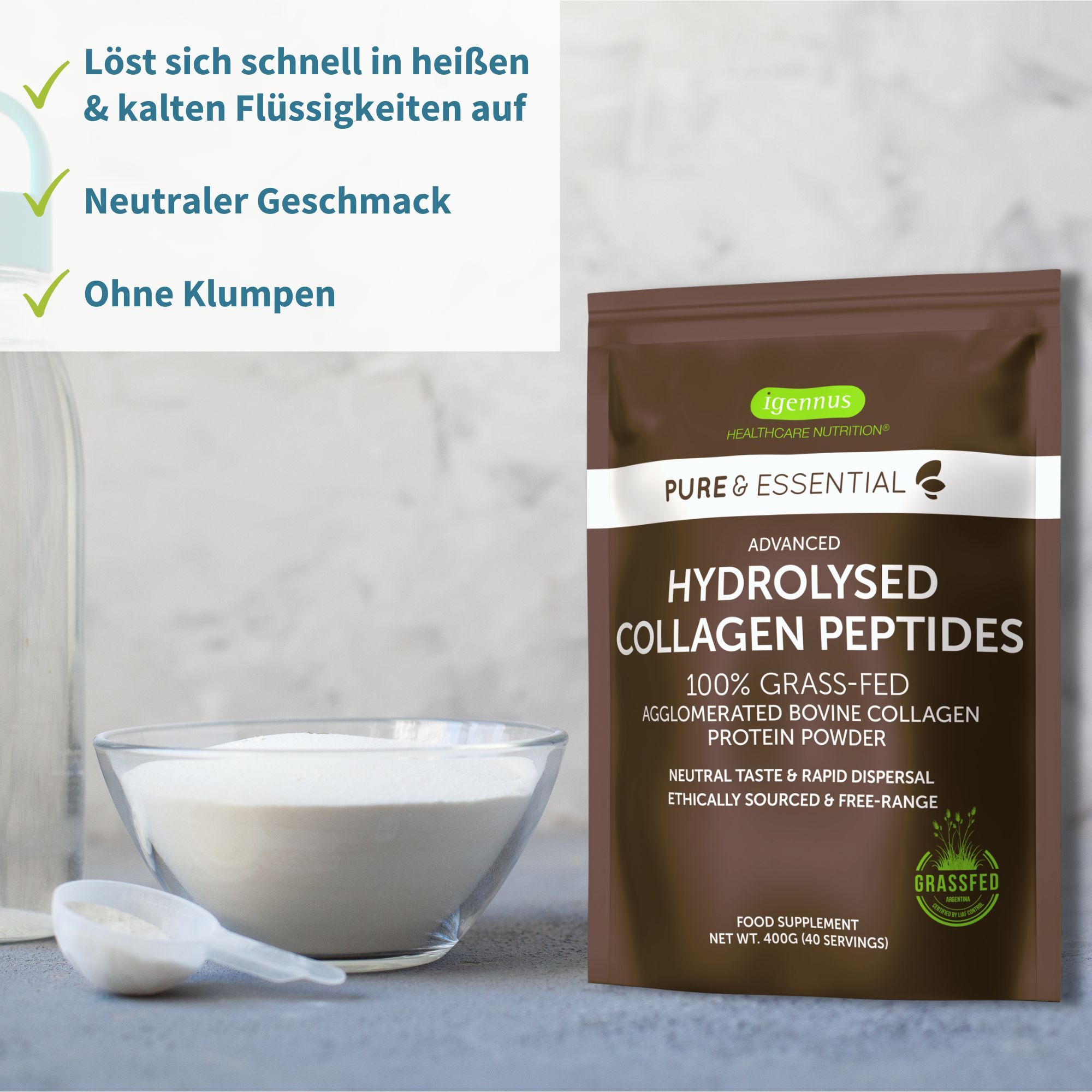 Kollagenpulver in Schüssel und Verpackung, mit Text über schnelle Auflösung.