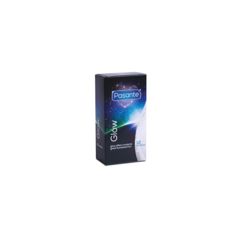 Schachtel mit Pasante Glow Kondomen. Aufschrift: Glow effect condoms, great fluorescent fun. Enthält 12 Kondome.