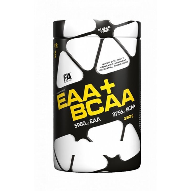 Schwarze Dose mit weißem Deckel. Aufschrift EAA+BCAA und FA. Enthält essentielle Aminosäuren. 390g.