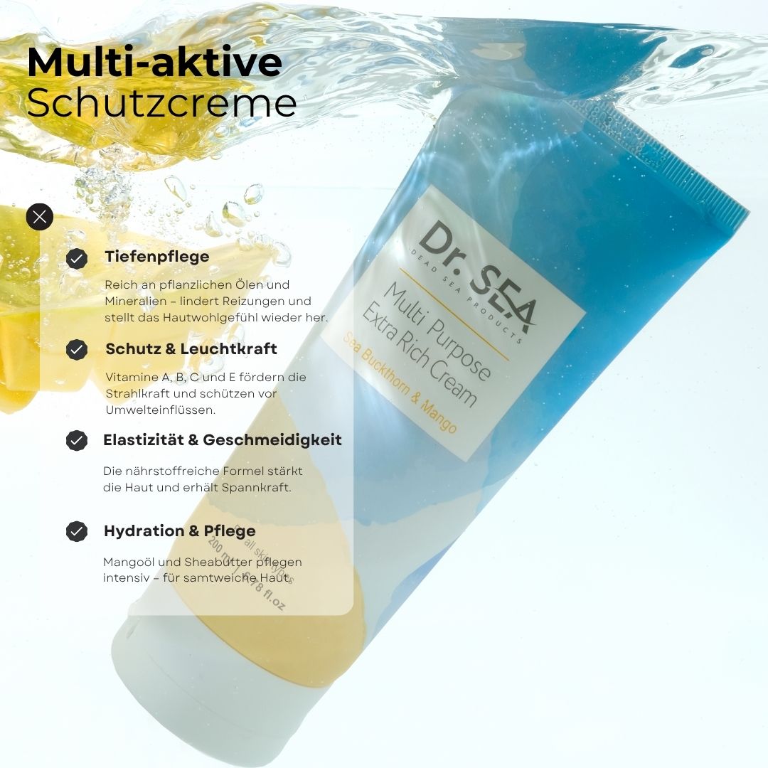 Tube DR. SEA Multi Purpose Extra Rich Cream, Mango. In Wasser. Text mit Vorteilen: Tiefenpflege, Schutz, Elastizität, Hydratation.