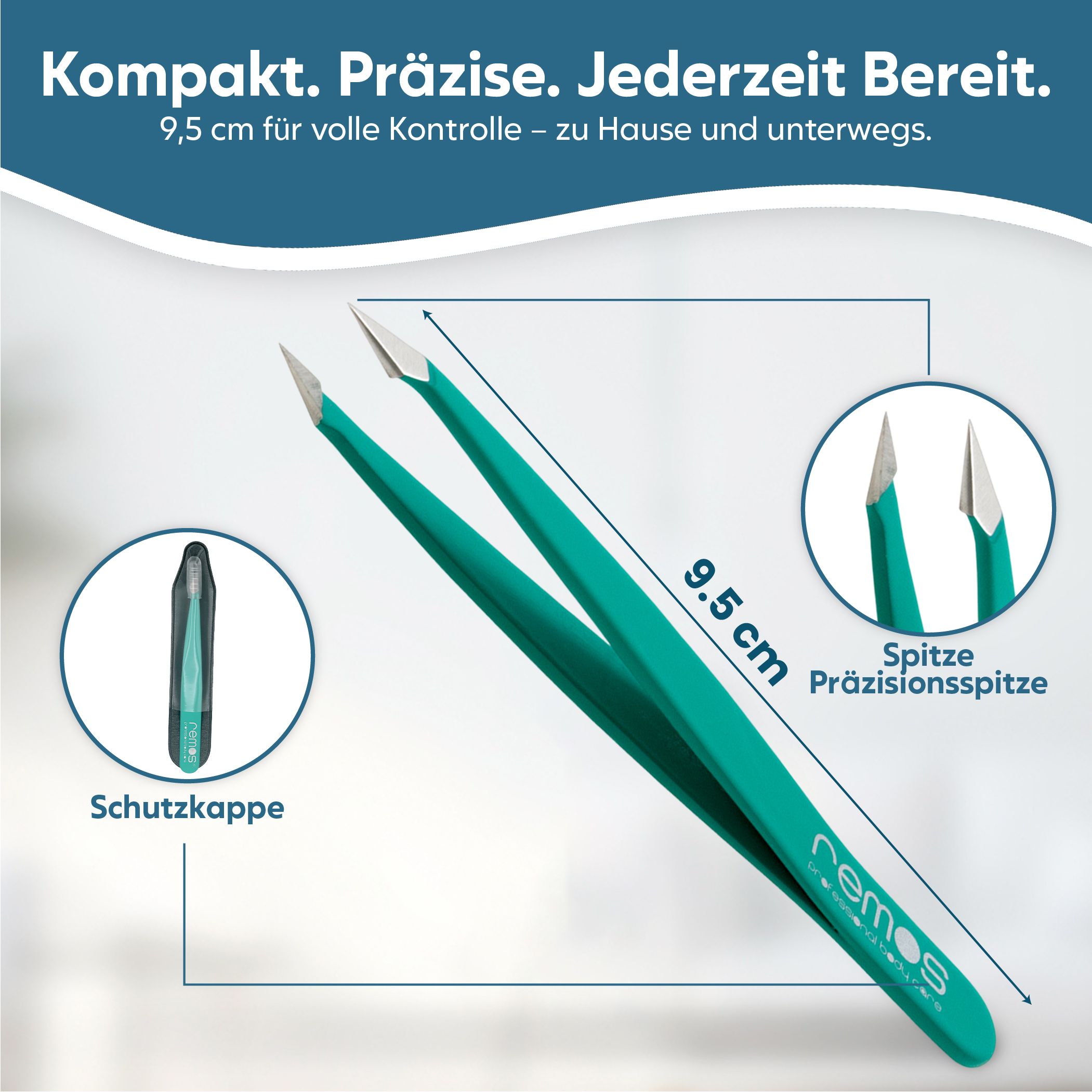 Türkise Pinzette mit Schutzhülle, 9,5 cm Länge und Präzisionsspitze.
