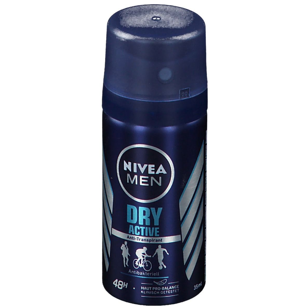 NIVEA MEN Dry Active Sprühdose. Deckel, Schriftzug, Piktogramme, 48h. Antibakteriell. 35ml.