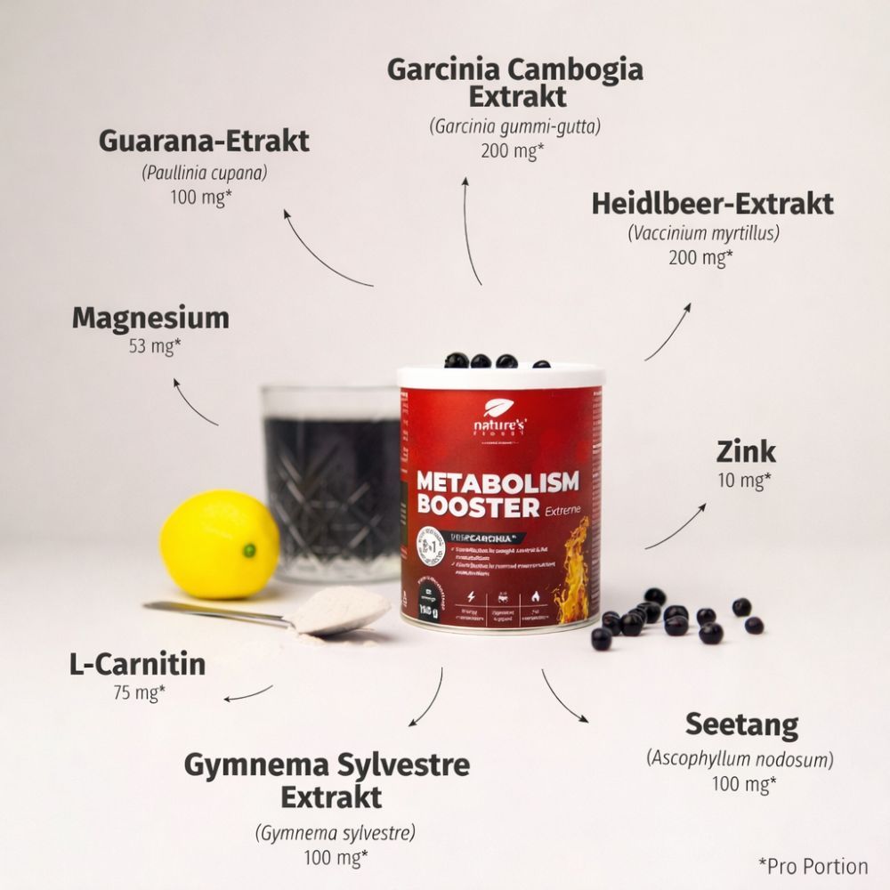 Rote Dose mit weißem Deckel. Aufschrift: Metabolism Booster Extreme. Zutaten: Guarana, Heidelbeere, Zink, L-Carnitin, etc.