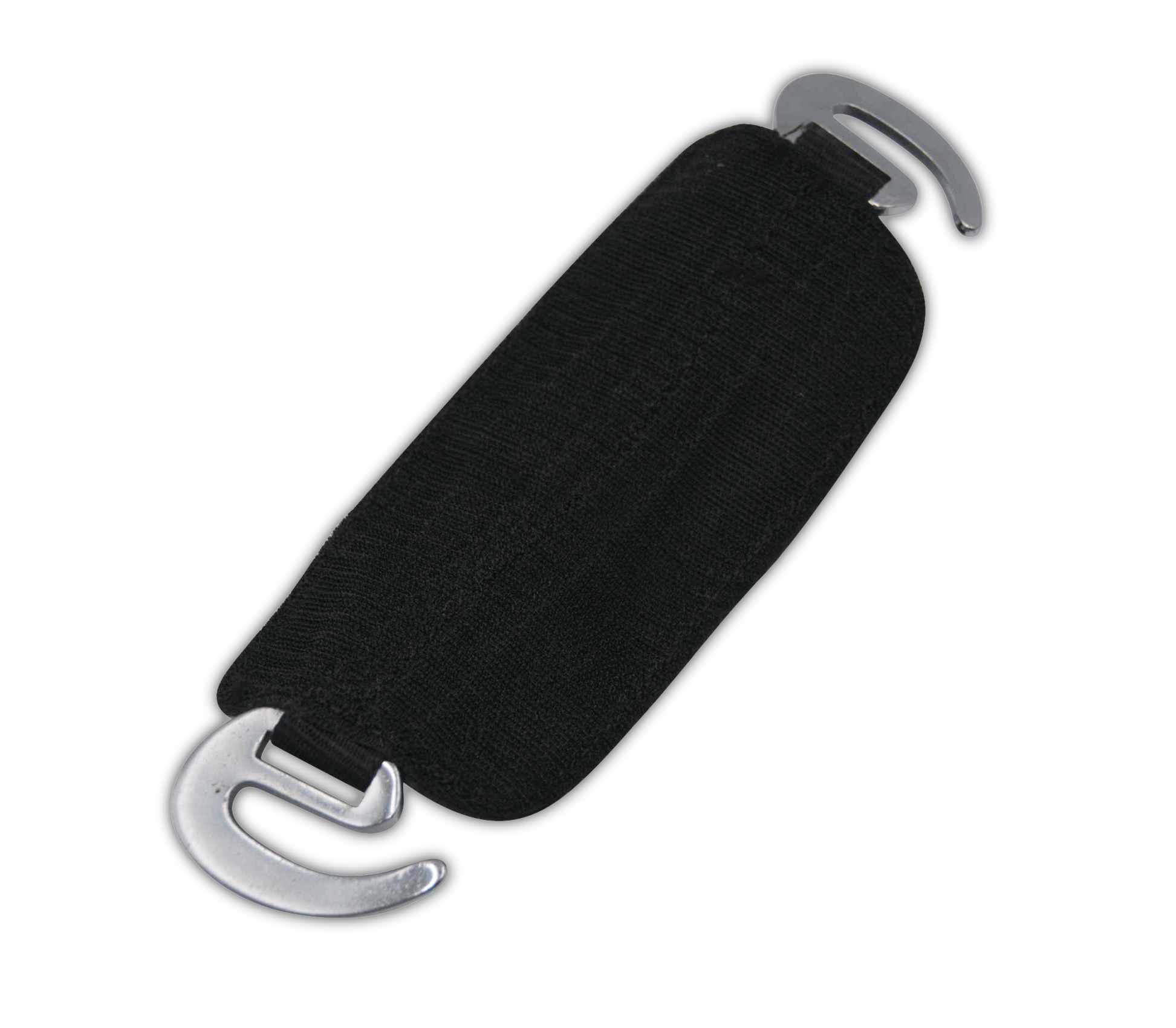 Schwarze Steigbügelaufhängung mit silberfarbenen Haken. Schräge Ansicht.