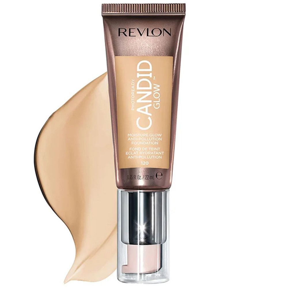 Revlon PhotoReady Candid Glow Foundation. Tube mit Pumpe und Farbprobe. Text: Moisture Glow Anti-Pollution Foundation.