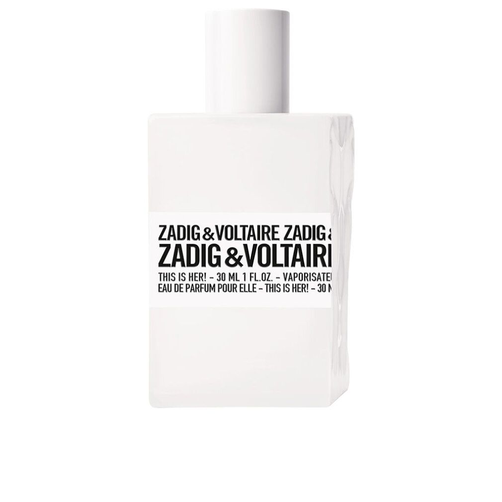 Weißer Flakon mit Aufschrift Zadig & Voltaire. "This is Her!" und weitere Angaben. Rechteckige Form mit weißem Verschluss.