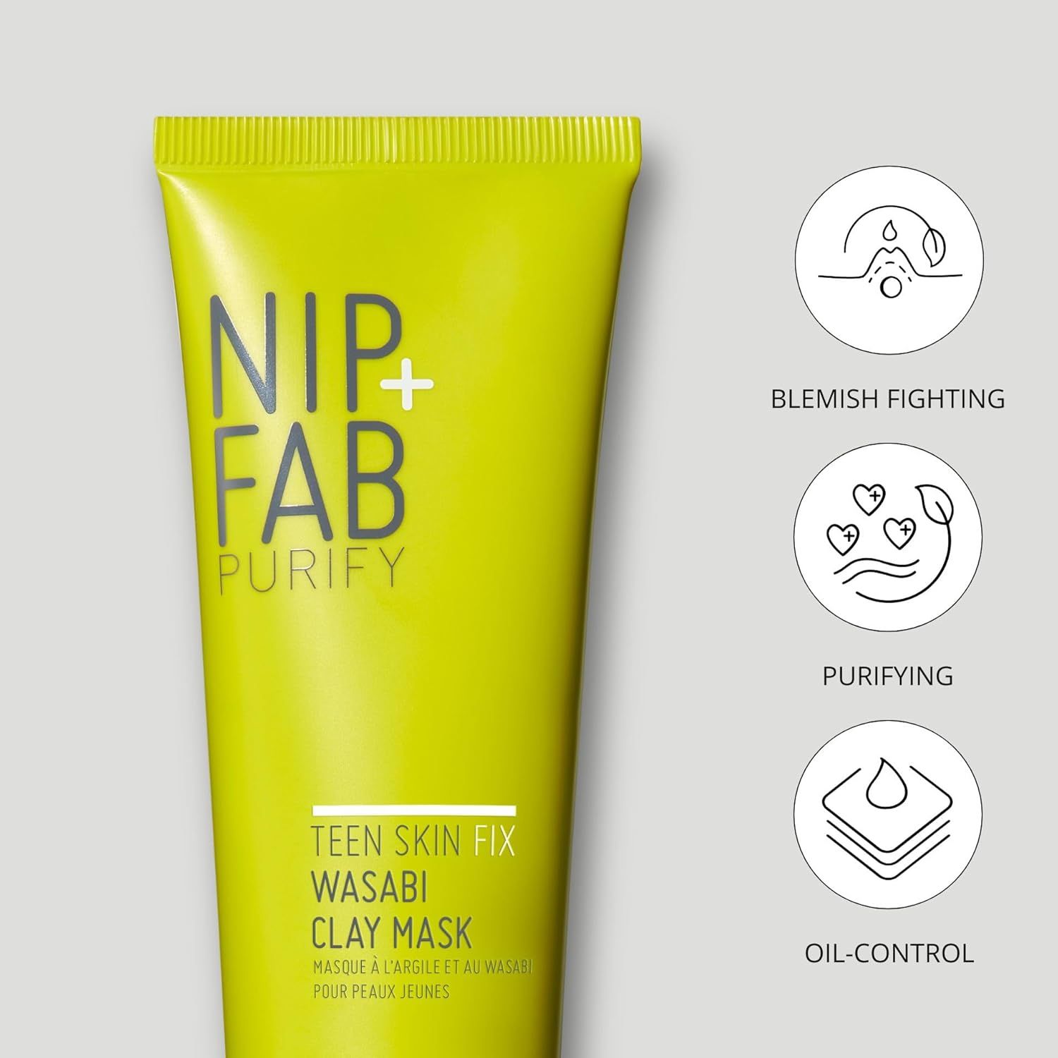Grüne Tube mit Text: Nip+Fab, Teen Skin Fix Wasabi Clay Mask. Icons: Blemish Fighting, Purifying, Oil-Control.