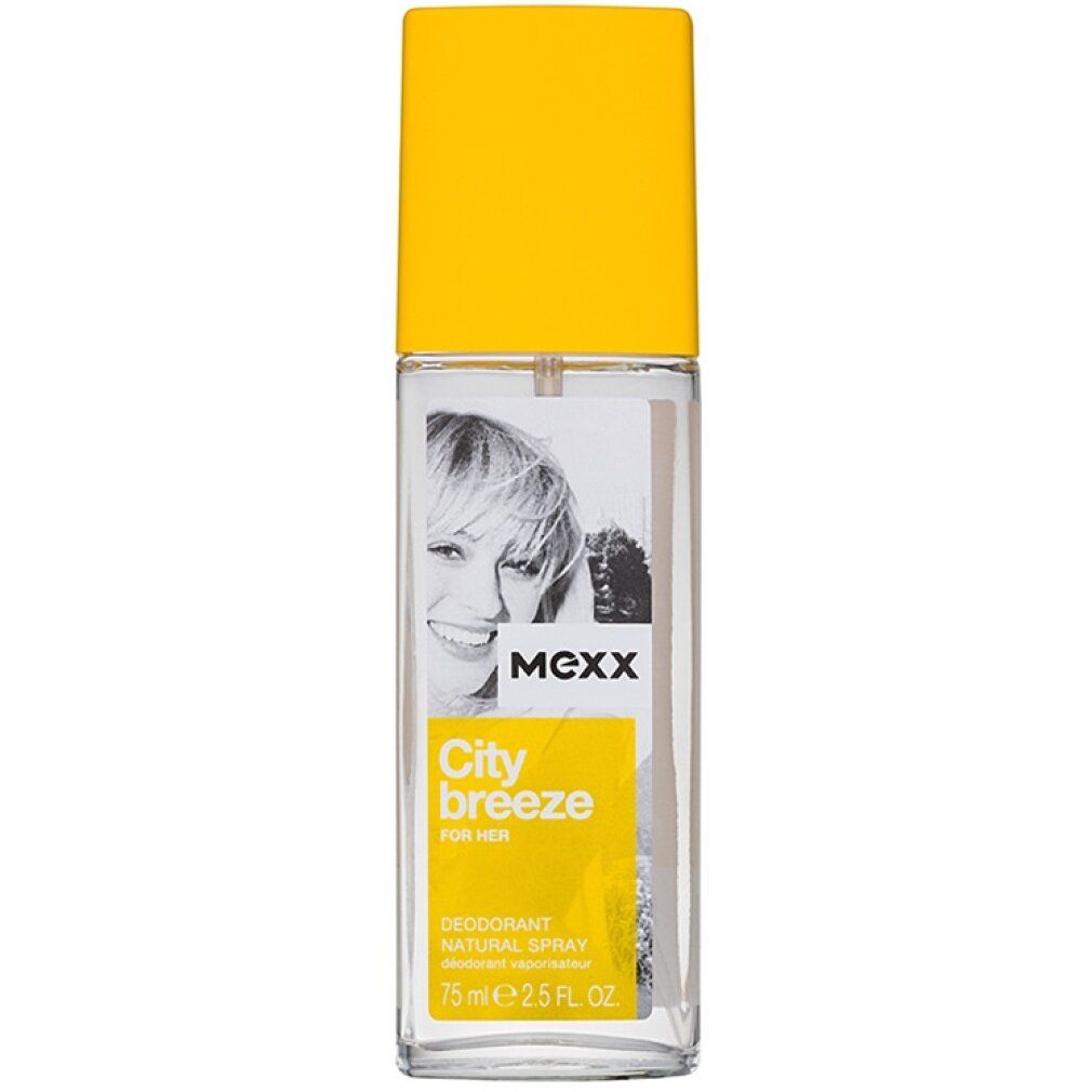Deospray mit gelbem Deckel. Aufkleber mit Produktname, Frauengesicht und Schriftzug.