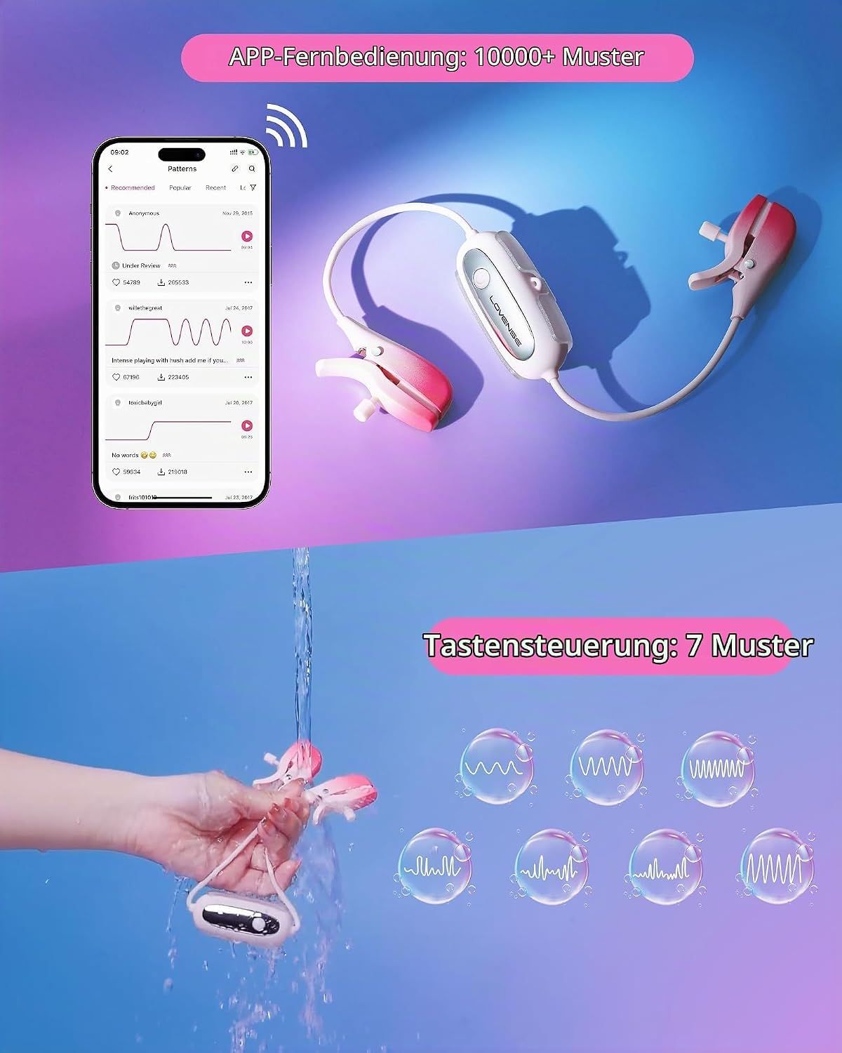 App-gesteuertes Stimulationsgerät mit zwei Clips, die über ein Kabel verbunden sind. Wasserdicht.