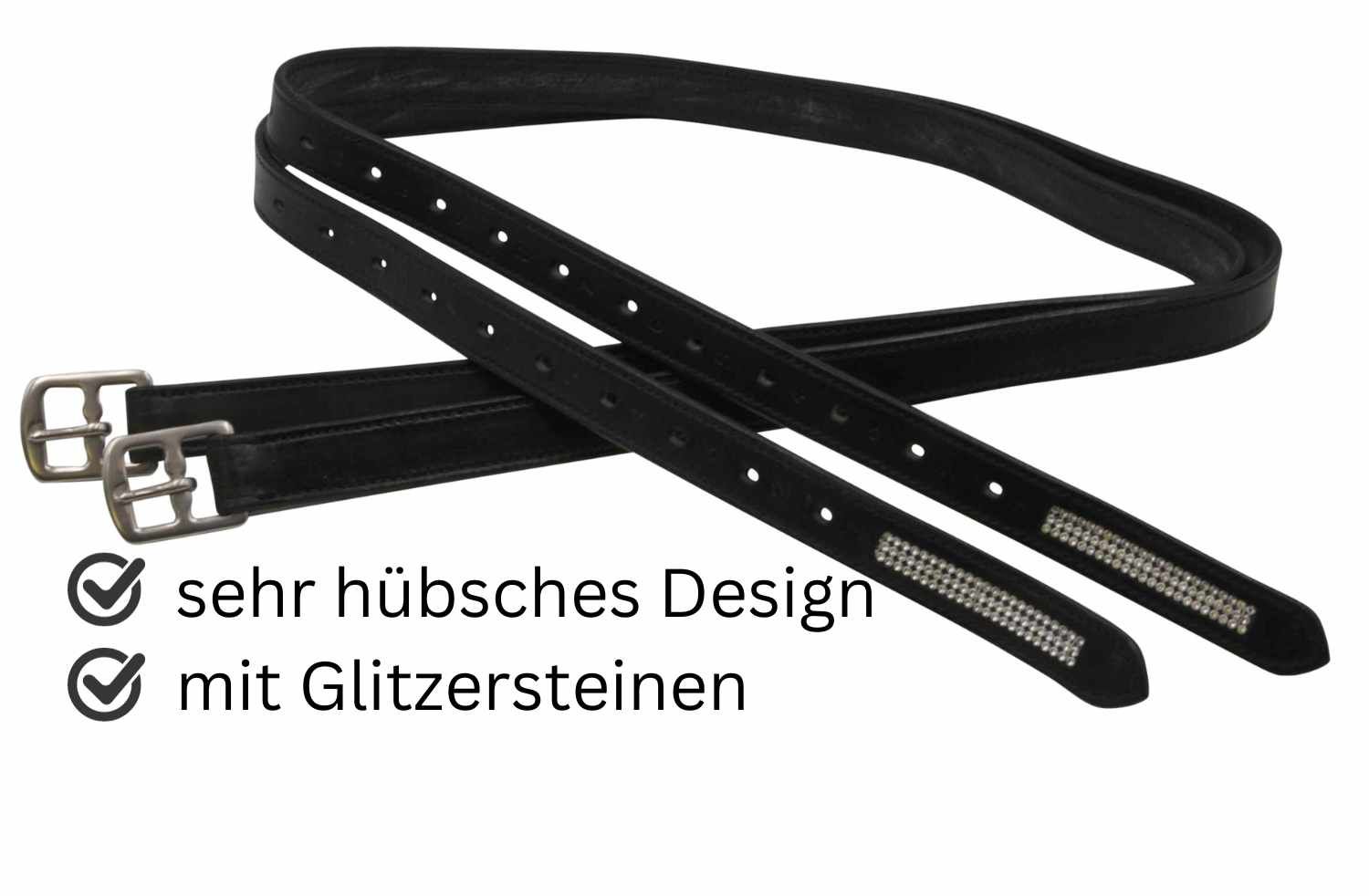 Schwarze Steigbügelriemen mit Glitzersteinchen. Metallverschlüsse. Text: sehr hübsches Design, mit Glitzersteinchen.