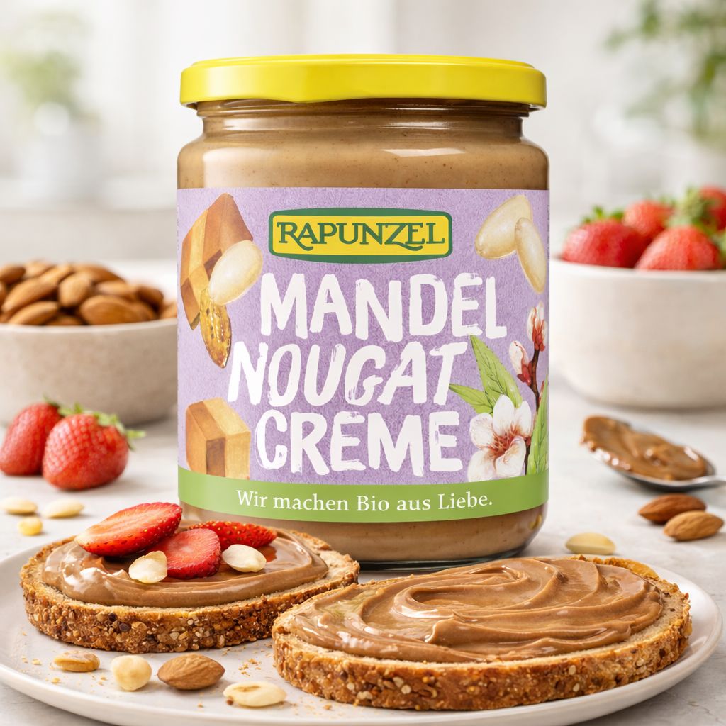 Rapunzel Mandel-Nougat-Creme im Glas, umgeben von Mandeln, Erdbeeren und Brot. Ein Löffel mit Creme liegt daneben.