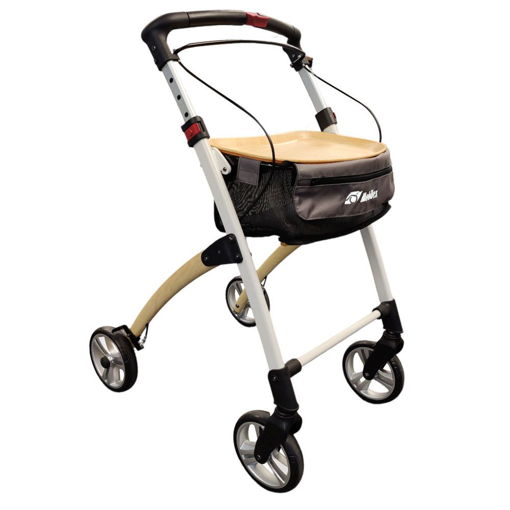 Indoor-Rollator mit vier Rädern. Weißes Gestell, braune Sitzfläche, schwarze Tasche mit Logo. Schwarze Griffe und Räder.