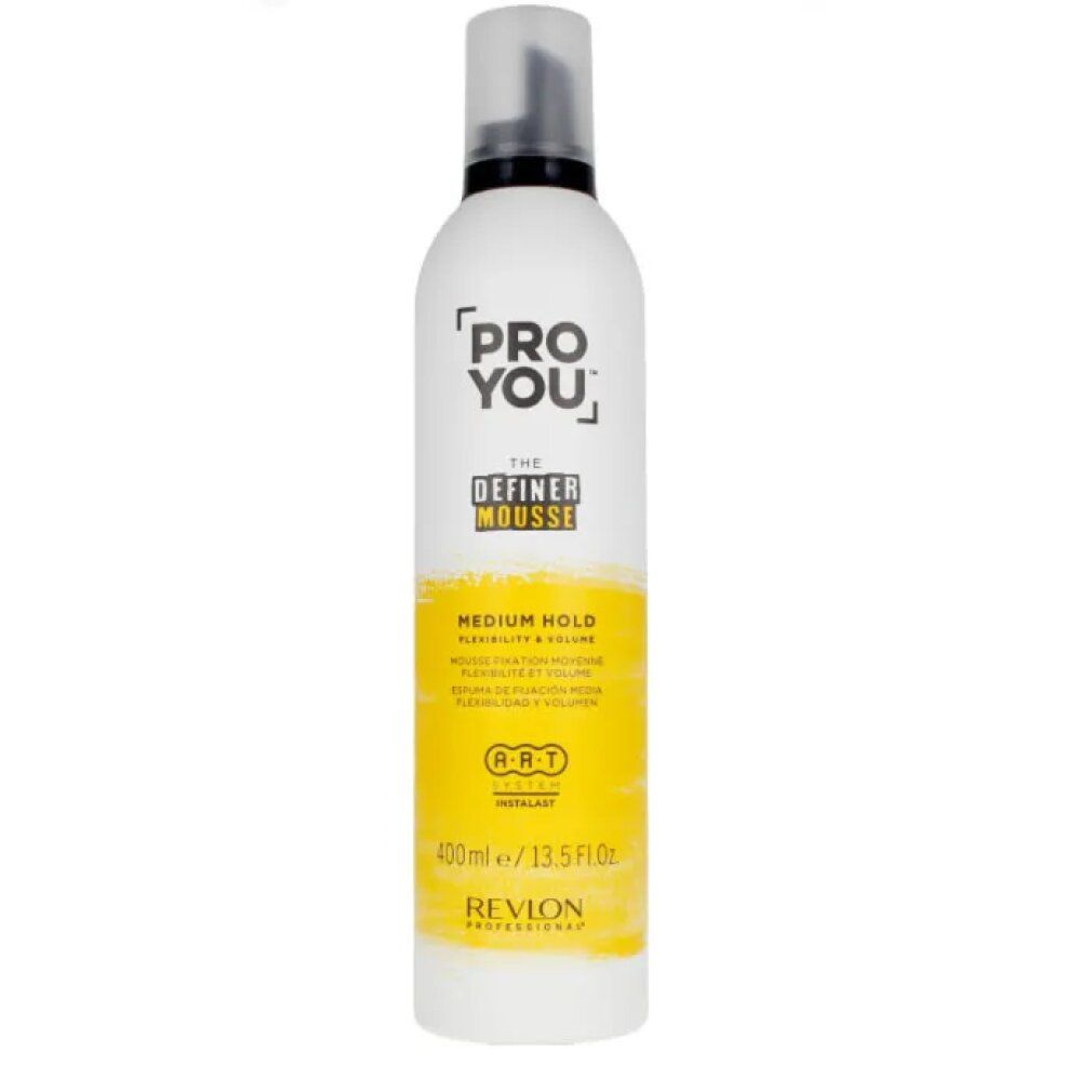 Weiß-gelbe Flasche mit schwarzem Deckel. Aufschrift: PRO YOU THE DEFINER MOUSSE MEDIUM HOLD. Volumen: 400ml/13.5 fl oz.