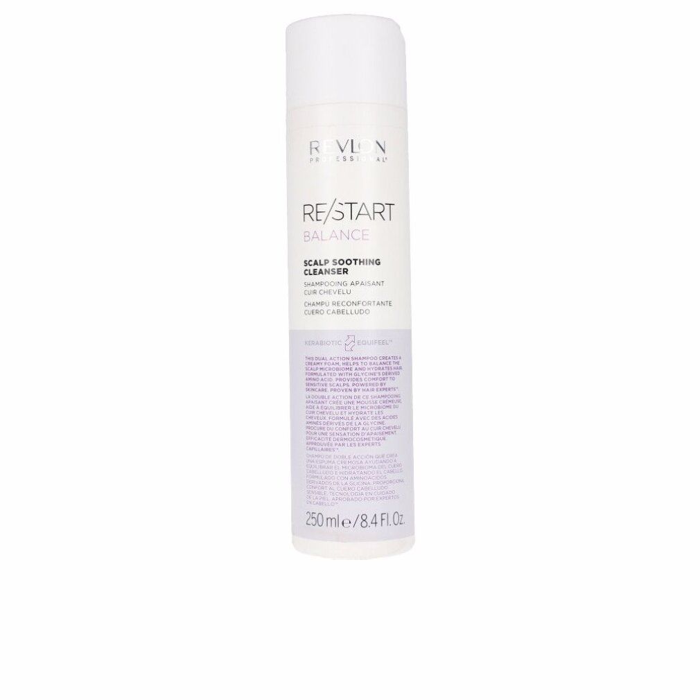 Zylindrische Flasche mit weißem Deckel. Aufschrift: RE/START BALANCE, SCALP SOOTHING CLEANSER. 250 ml/8.4 Fl Oz.