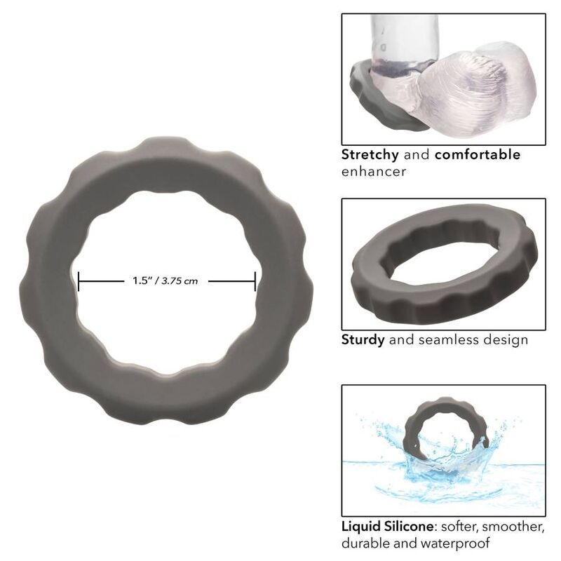 Grauer Silikon-Erektionsring in Blisterverpackung mit separatem Ring und Produktmerkmalen.
