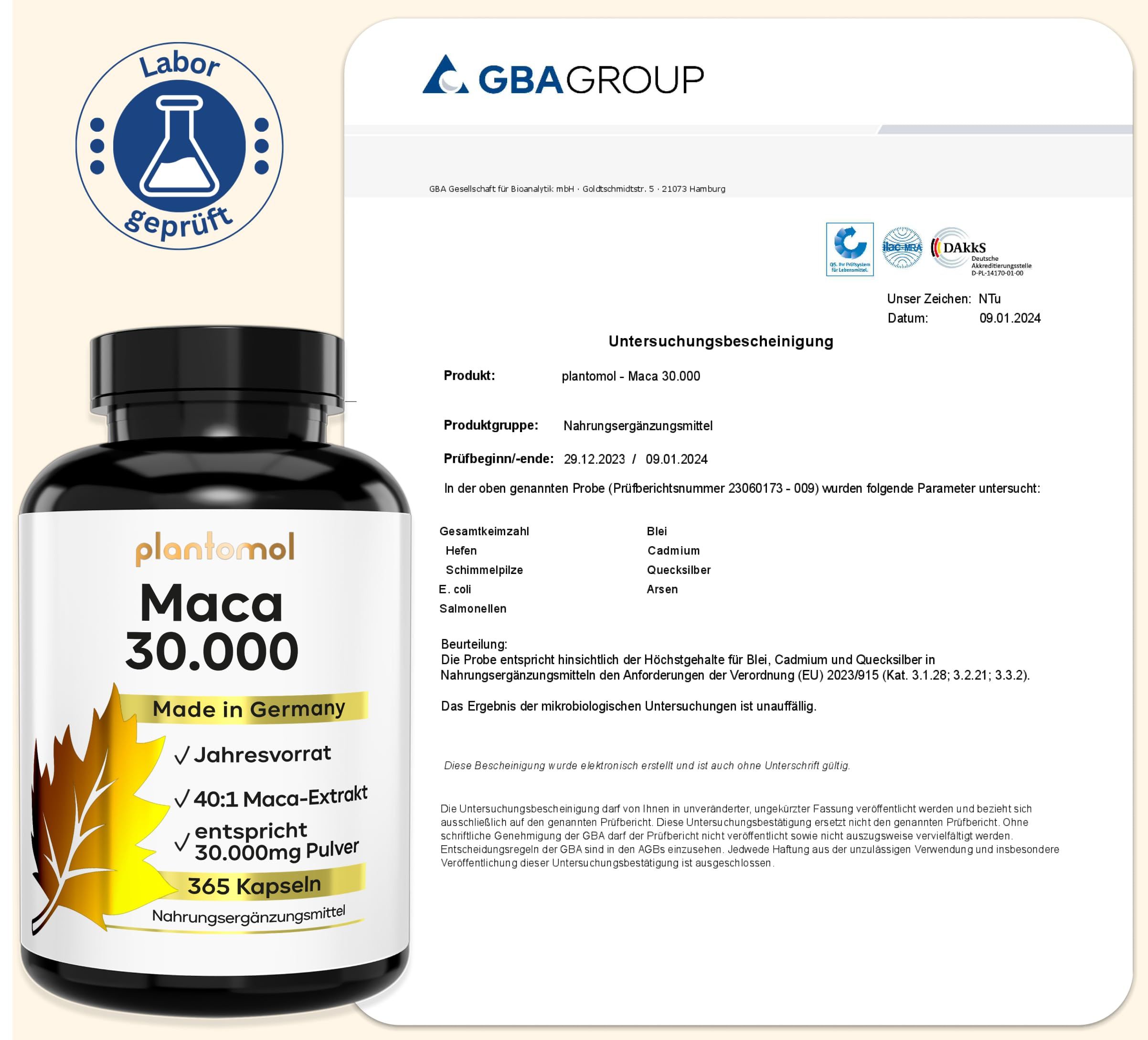 Zertifizierungsdokument und Flasche mit plantomol Maca 30.000. Laborgeprüft.
