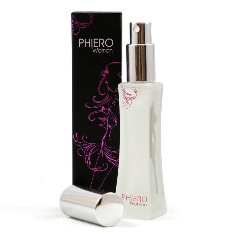 Flakon und Verpackung von Pheromonparfüm "Phiero". Flakon mit silbernem Zerstäuber, schwarze Schachtel mit pinkfarbenem Design. Deckel liegt daneben.