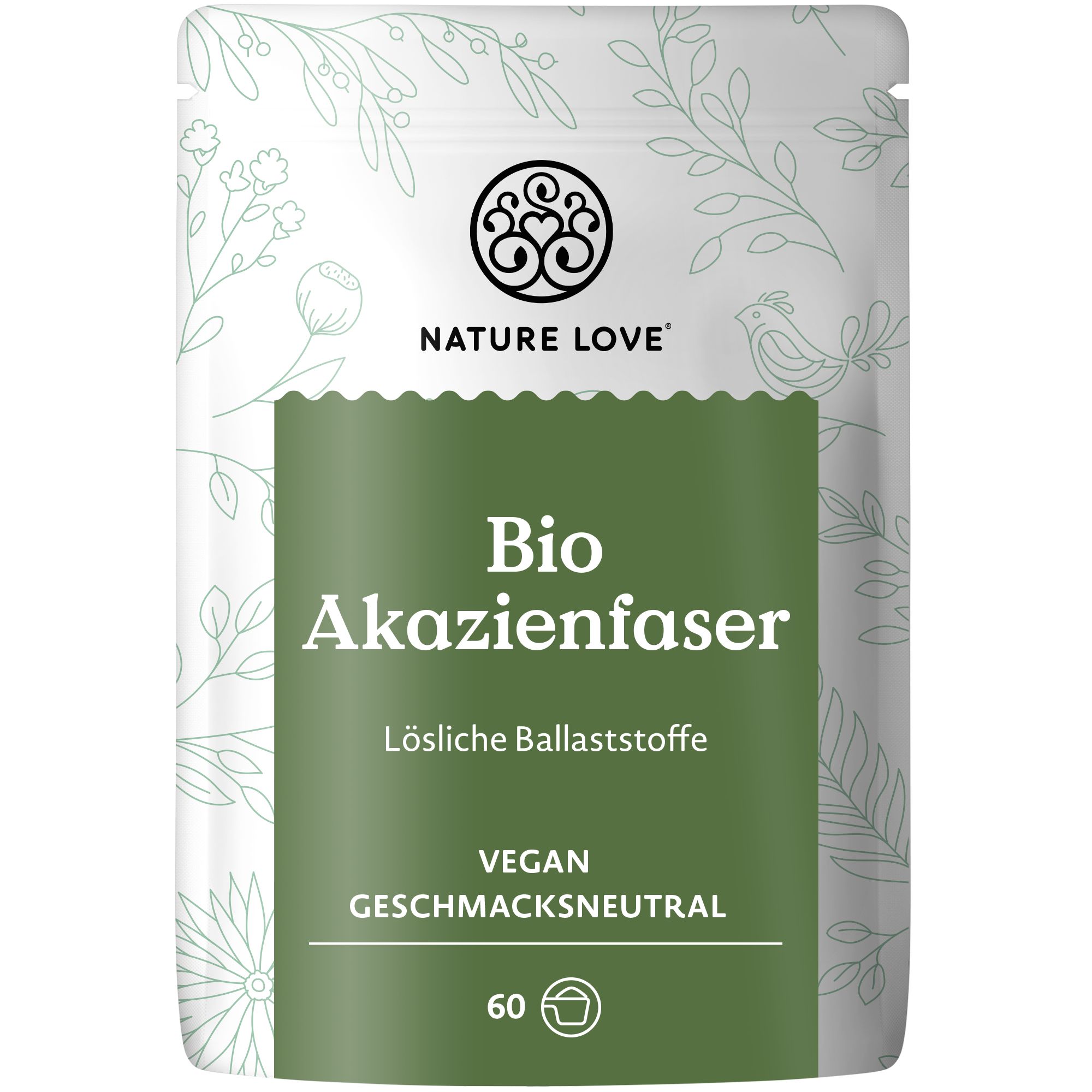 Beutel mit Produktnamen und Logo. Text: "Bio Akazienfaser", "Vegan", "Geschmacksneutral". 60 Portionen.