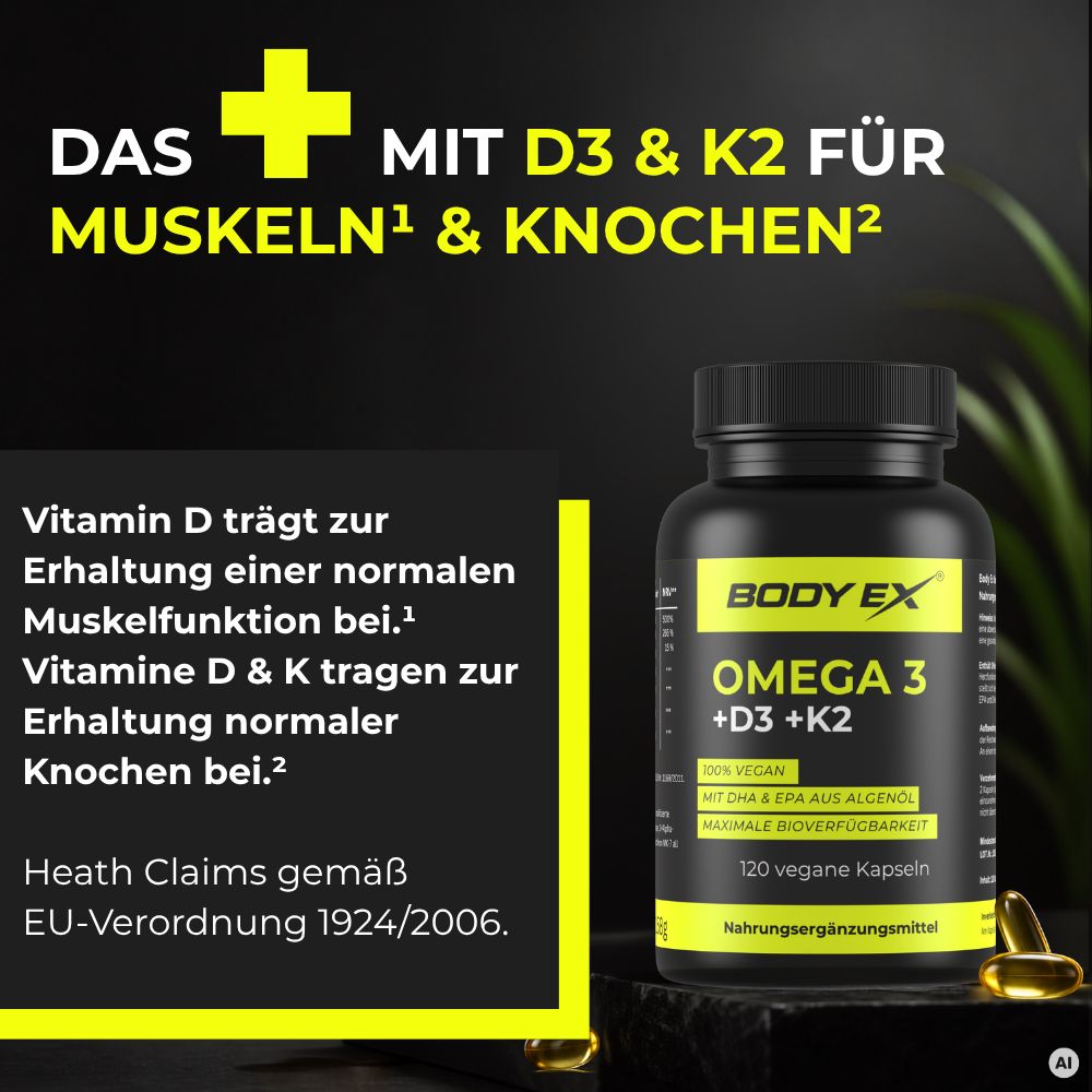 Body Ex® Omega 3 + D3 & K2 Kapseln, aus Algenöl, 100% vegan