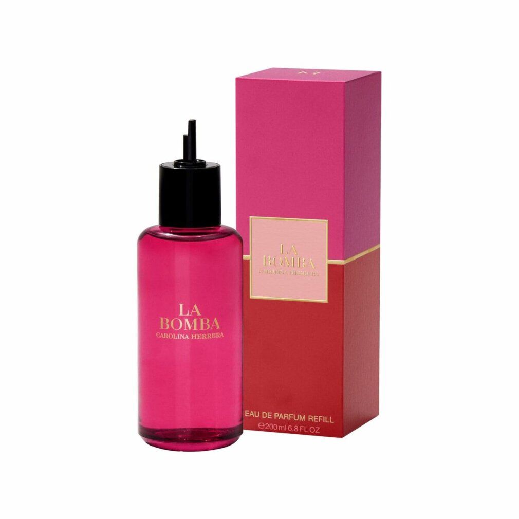Rosa Flakon mit schwarzem Verschluss und Verpackung. Aufschrift: LA BOMBA, CAROLINA HERRERA. Eau de Parfum Refill.