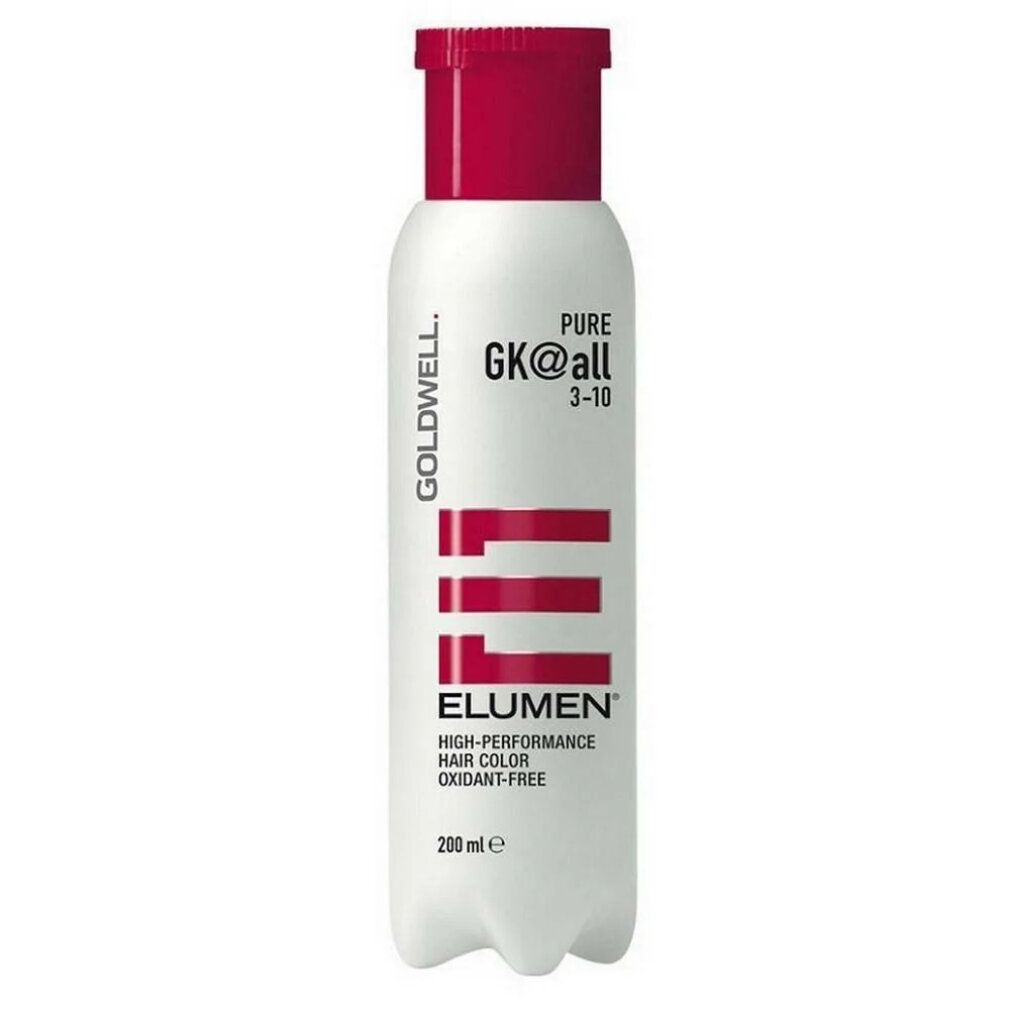 Goldwell Elumen gk@all Haarfarbe. Weiße Flasche mit rotem Deckel. Text: Elumen, 3-10, High-Performance Hair Color, 200 ml.