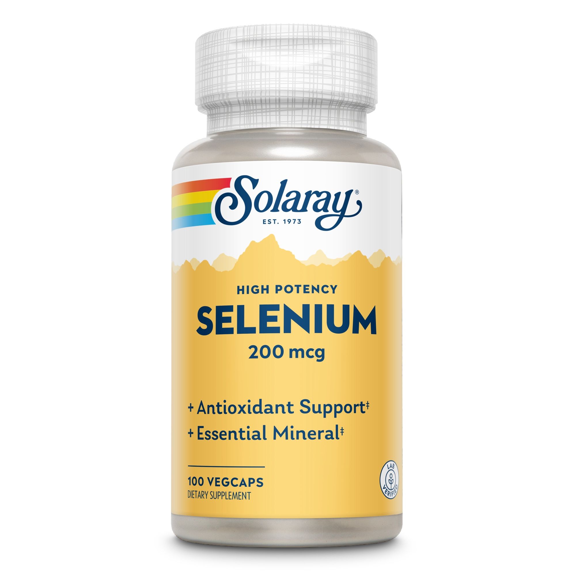 Solaray Selen 200 mcg Flasche. Weißer Deckel, gelbes Etikett. Aufschrift: 200 mcg, Antioxidantien-Unterstützung, essentielles Mineral, 100 Vegicaps.