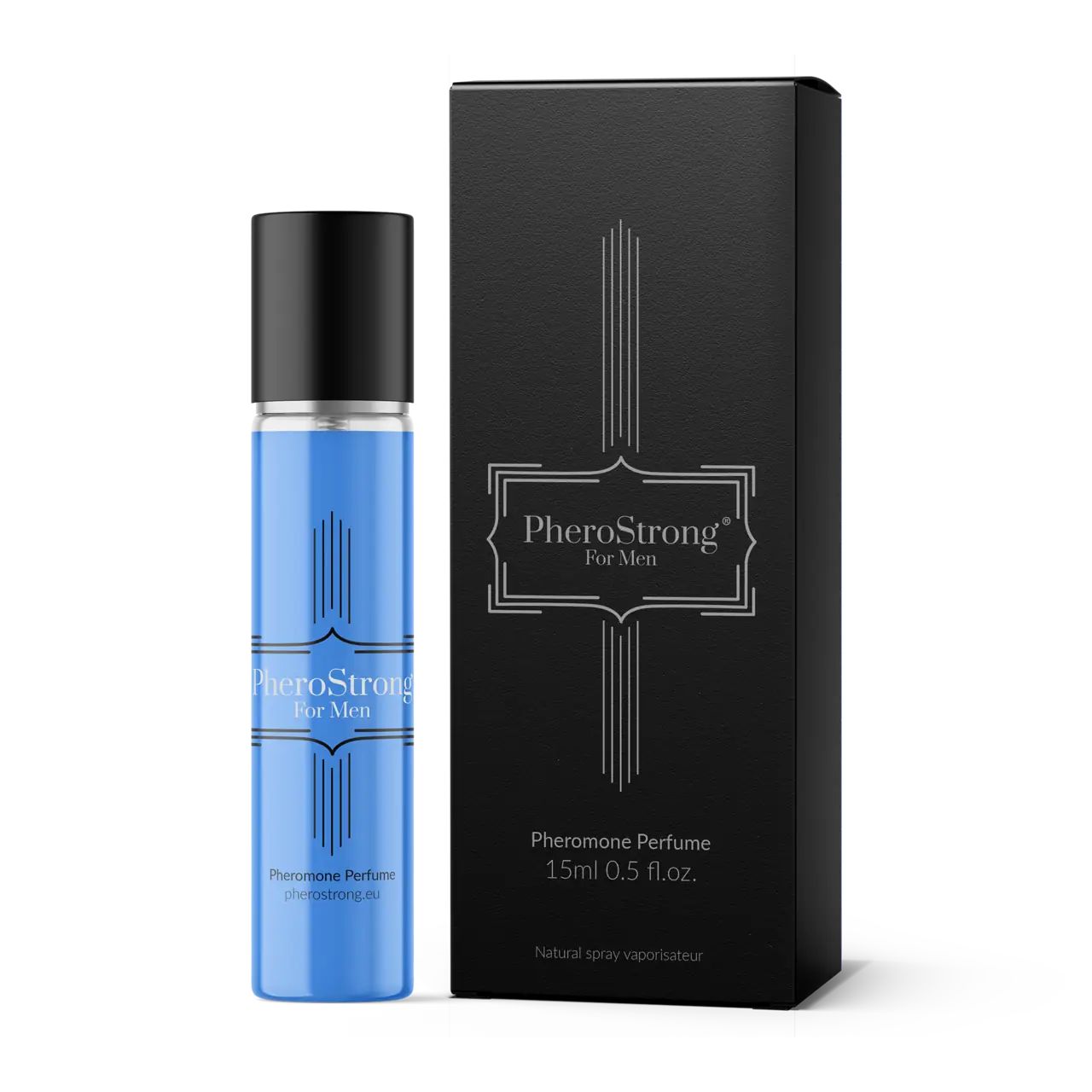 PheroStrong Pheromon Parfüm für Männer, 15ml Flakon mit schwarzer Kappe und Umverpackung.