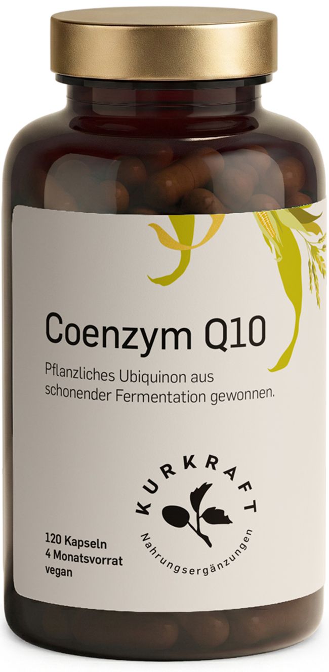 Braune Glasflasche mit Coenzym Q10 Kapseln, Etikett mit Pflanzenmotiv und Markenschriftzug.