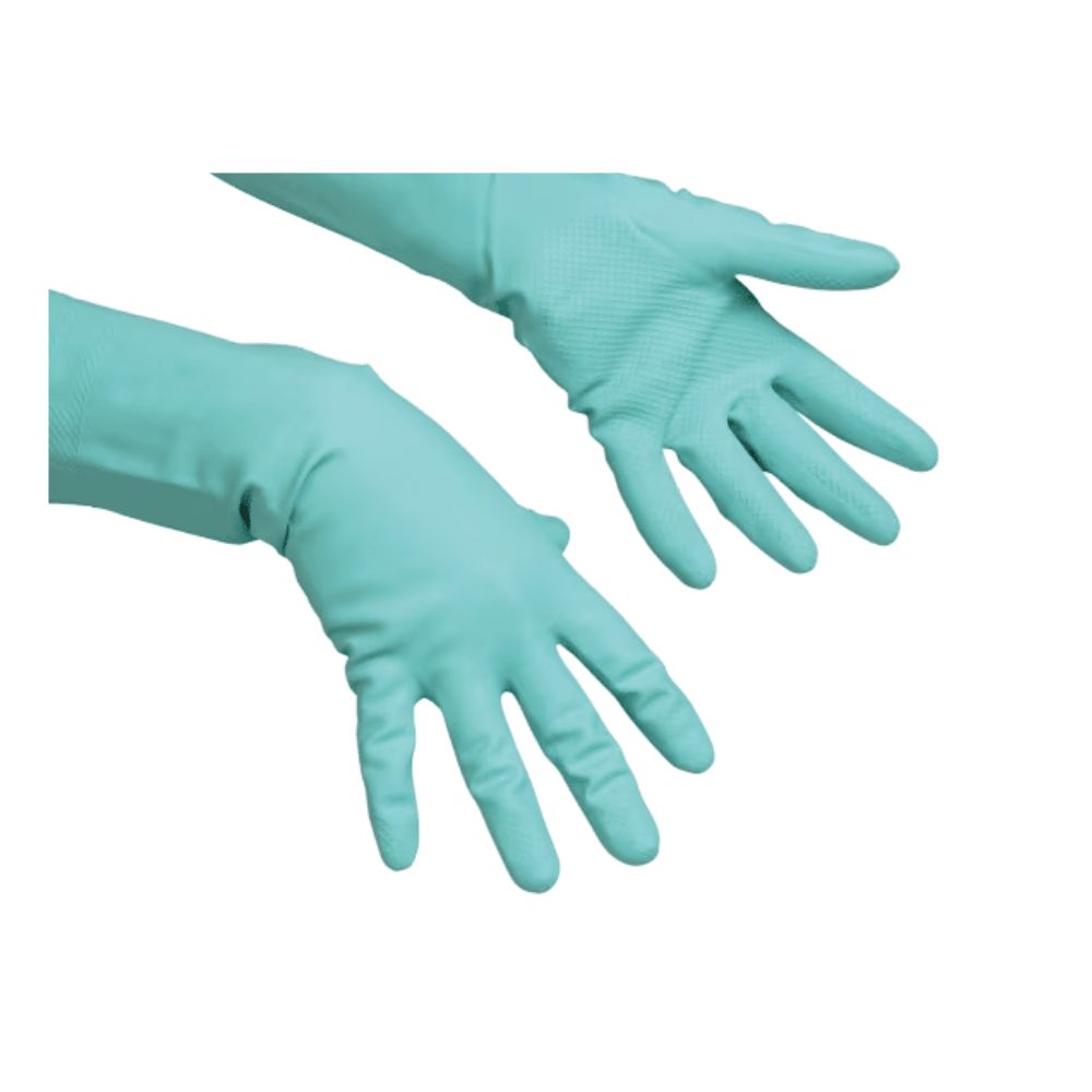 Hellgrüne Handschuhe mit langen Manschetten. Die Handflächen haben ein gepunktetes Muster.