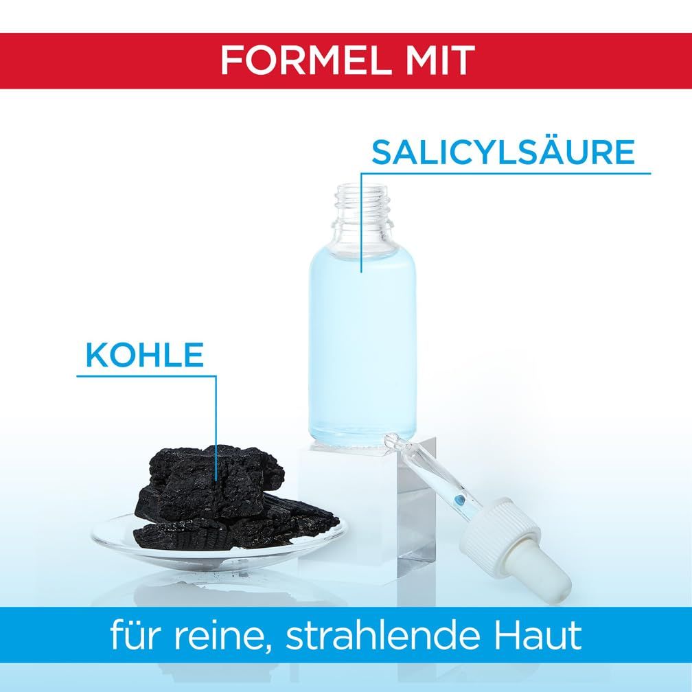 Kohle auf Teller, Flasche mit Salicylsäure, Pipette. Text: Für reine, strahlende Haut.