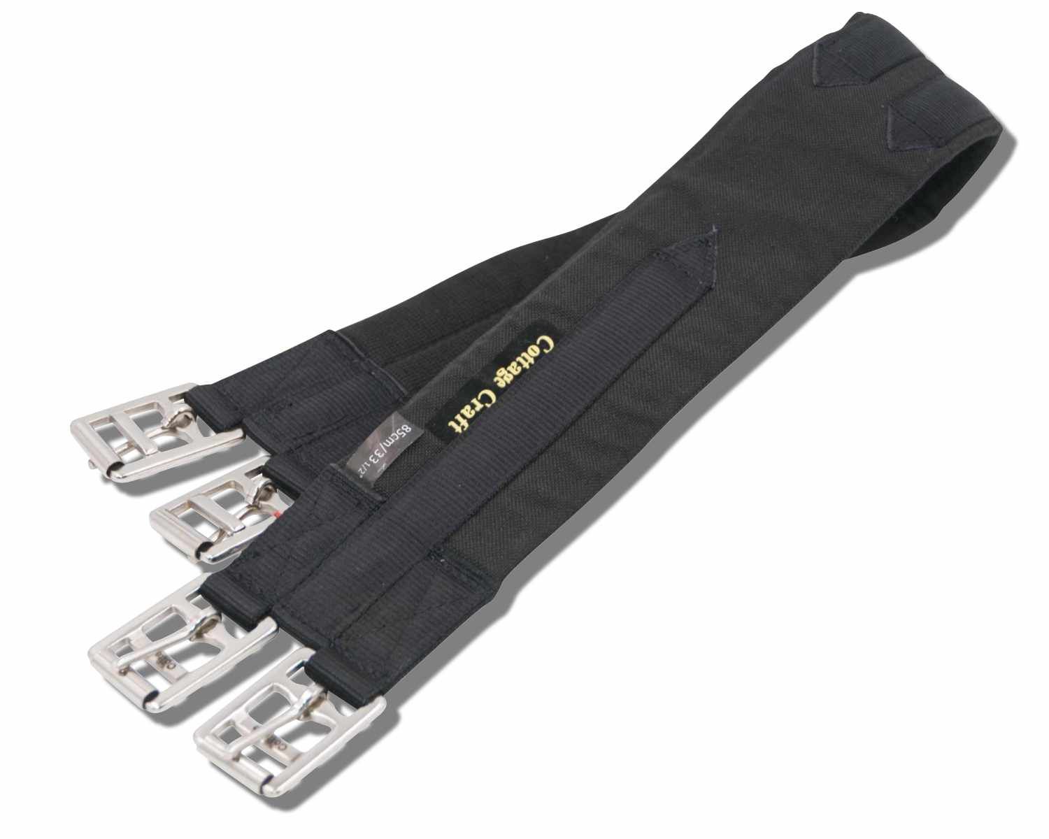 Schwarzer Sattelgurt aus Baumwolle mit silberfarbenen Schnallen. Marke: Cottage Craft.