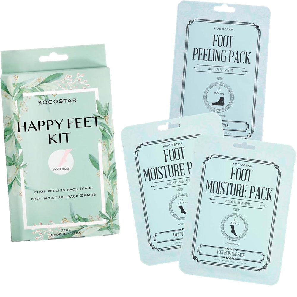 KOCOSTAR Happy Feet Kit mit Verpackung und Einzelpackungen. Enthält Fußpeeling und Feuchtigkeitspackungen. Hellgrüne Verpackungen.